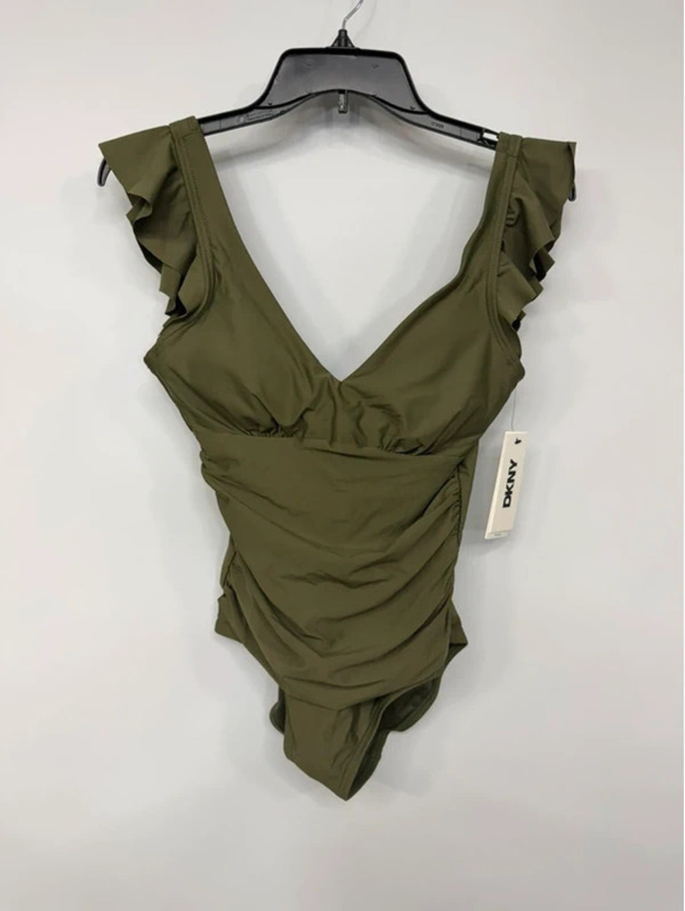 DKNY Olive Green One Piece Swimsuit with Ruffle Sleeves - Size Small